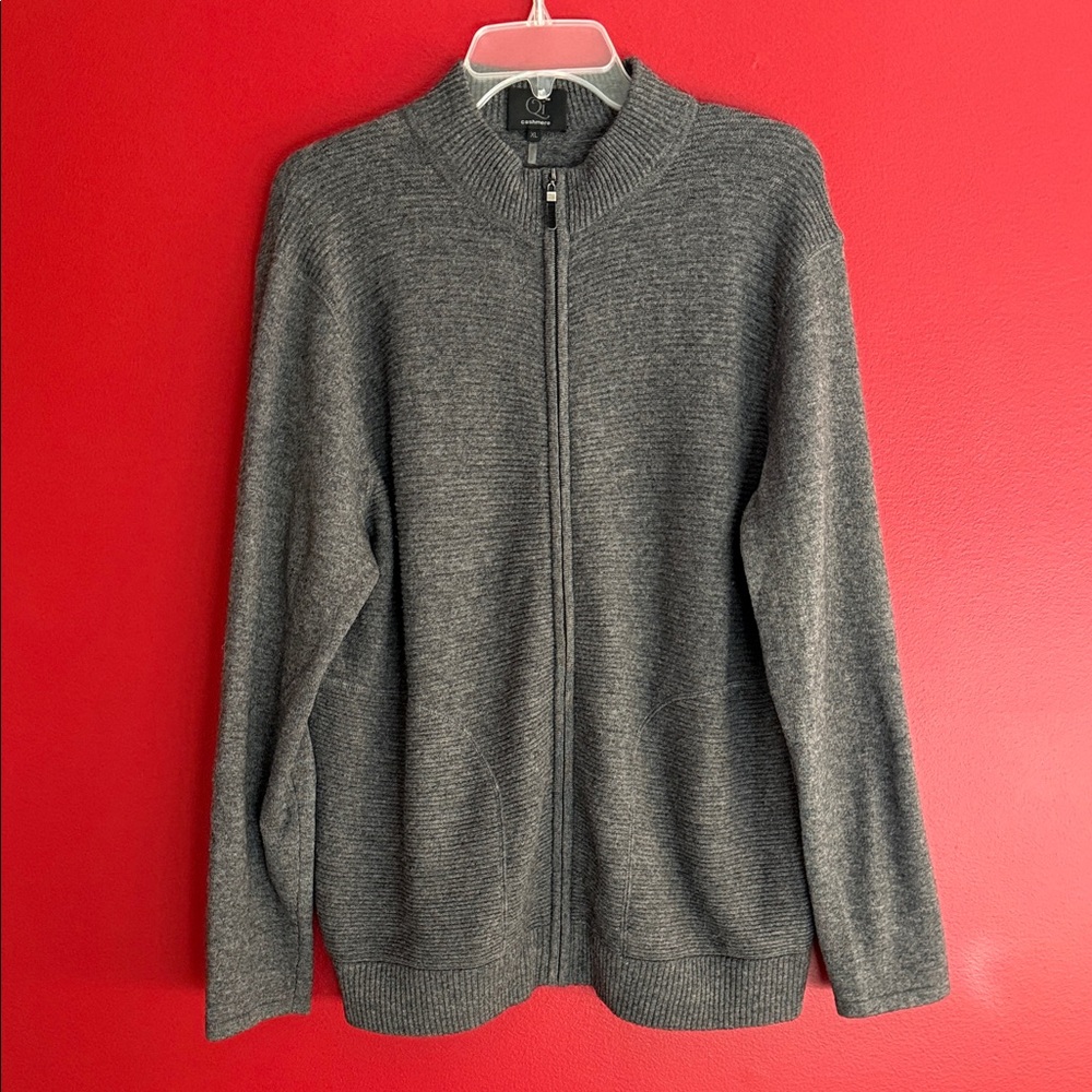 Qi Cashmere- Gray Wool w/Cashmere Full Zip  Cardigan Sweater XL